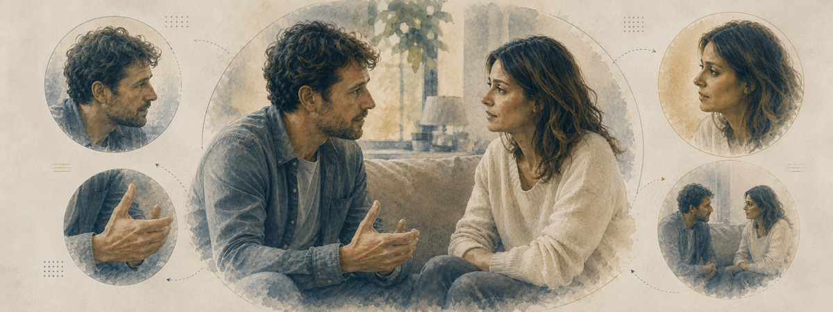 Deux personnes échangent. regards, position des mains, posture