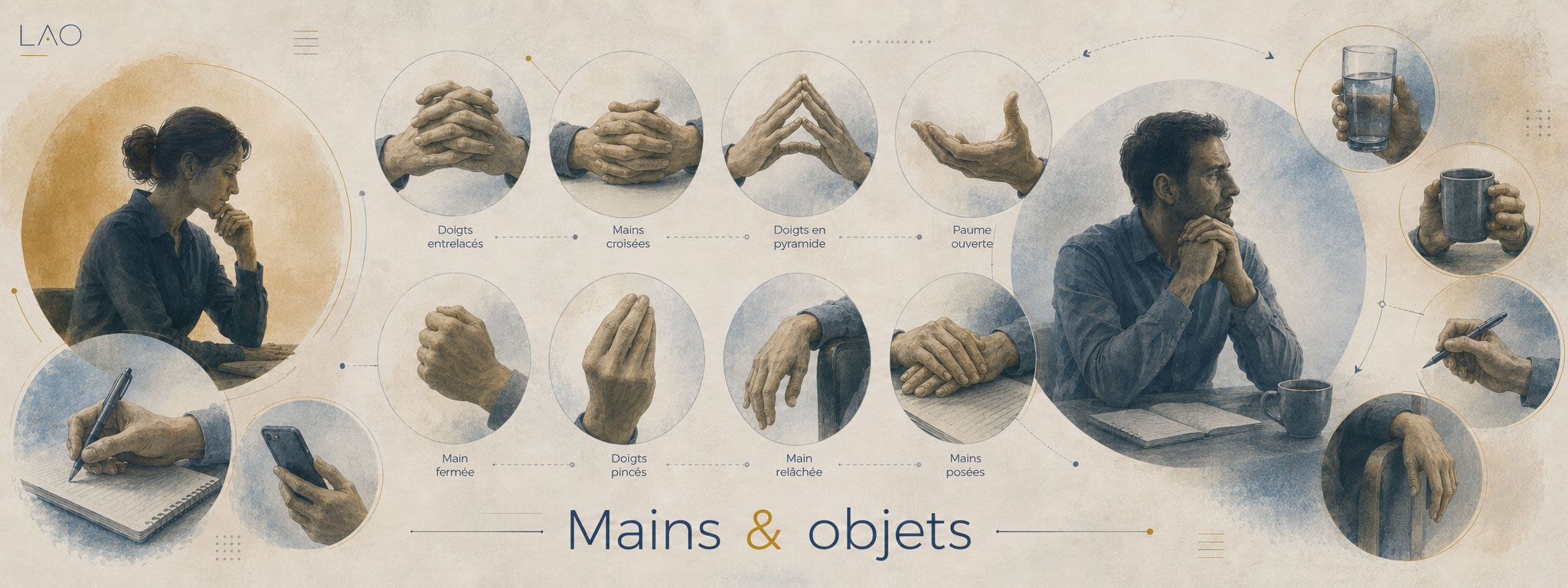 Mains et objets, sens, explication posture signification